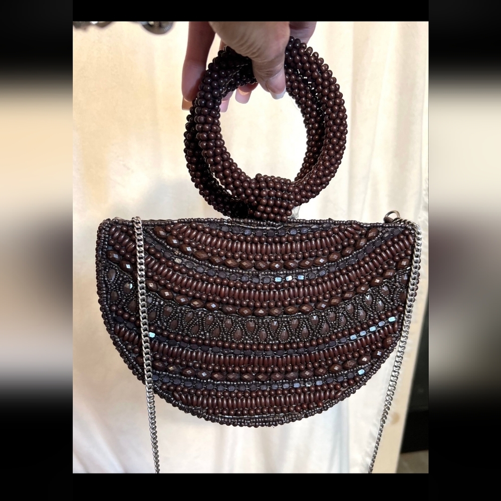 MADE IN INDIA Chocolate Brown Half Moon Beaded Crossbody Handbag ~ NWT
